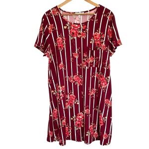 Sweetkie Dress Women's 2X Maroon Floral Striped Pocket Casual Short Sleeve Mini